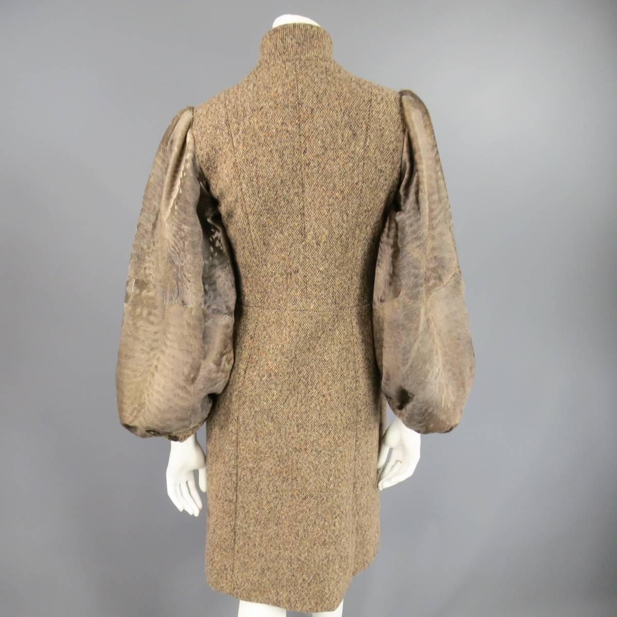 Women's PETROU Size S Brown Wool Blend Tweed Cowhide Balloon Sleeve Snap Coat