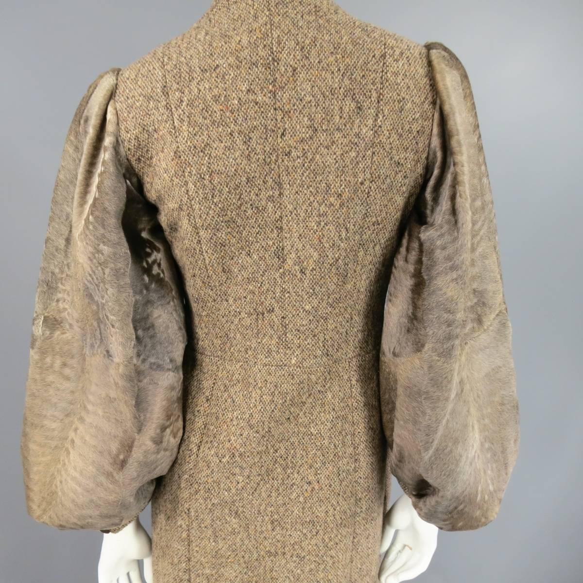 PETROU Size S Brown Wool Blend Tweed Cowhide Balloon Sleeve Snap Coat 2