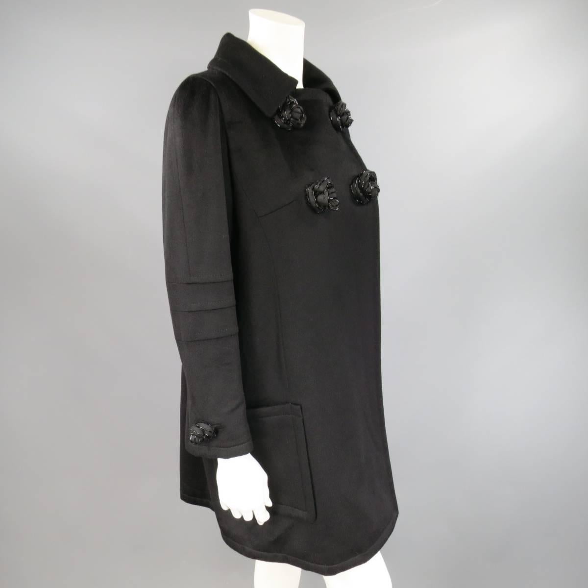 Women's JEAN-LOUIS SCHERRER Size L Black Cashmere Blend Beaded Rose Button Coat