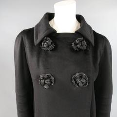 JEAN-LOUIS SCHERRER Size L Black Cashmere Blend Beaded Rose Button Coat