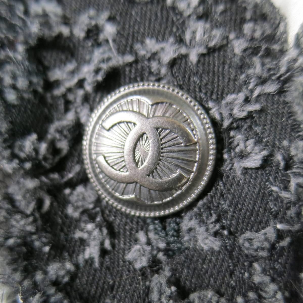 Women's CHANEL Size 10 Black Distressed Denim Tulle Ruffle Collar Jacket