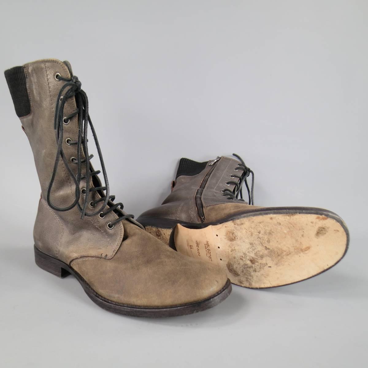 Neil Barrett Men's Taupe Distressed Leather Lace Up Zip Calf Boots, Size 11  In Excellent Condition In San Francisco, CA
