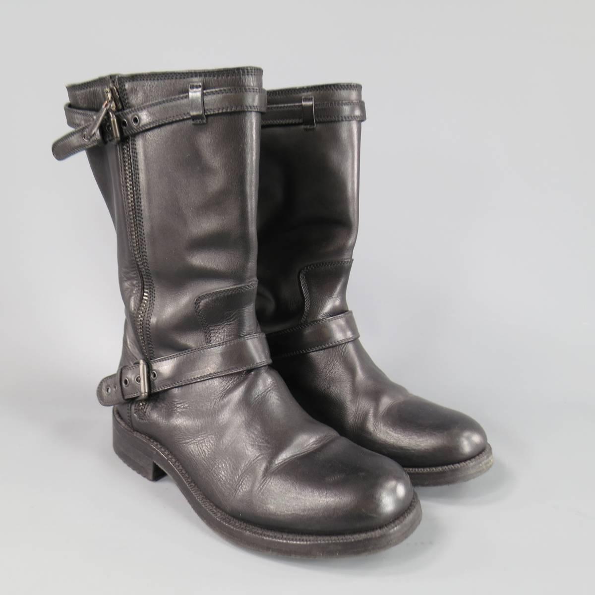 Men's BOTTEGA VENETA Size 9 Black Leather Belted Biker Zip Calf Boots In Excellent Condition In San Francisco, CA