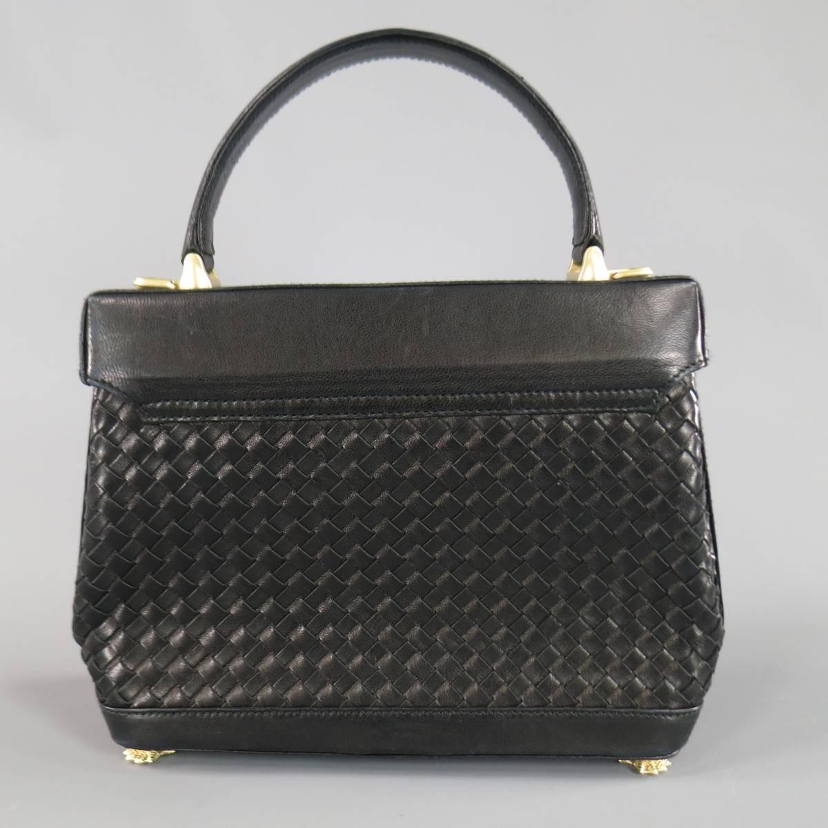 KIESELSTEIN-CORD Black Woven Leather Light Gold Crocodile Clasp Handbag 2