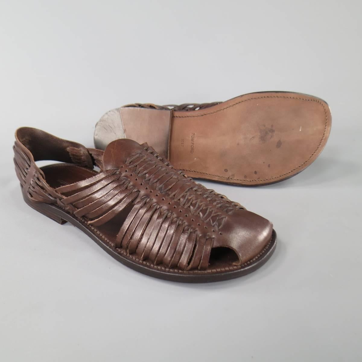 Gray Men's TOM FORD Size 11.5 Brown Woven Leather Closed Toe Huaraches Sandals