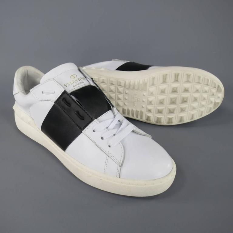 Men's Size 7 White and Black Leather Open Tie-Up laceless Sneakers at 1stDibs how to tie valentino sneakers, how to lace valentino sneakers, how to lace valentino sneakers