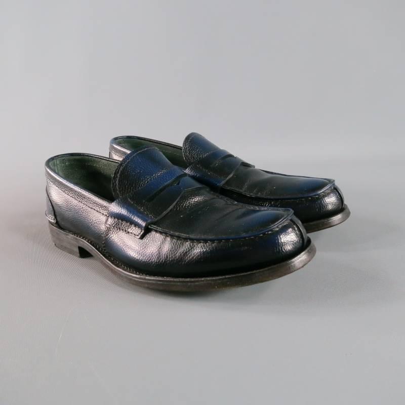 Men's PRADA Size 8 Distressed Navy & Black Pebbled Leather Penny Loafers In Excellent Condition In San Francisco, CA