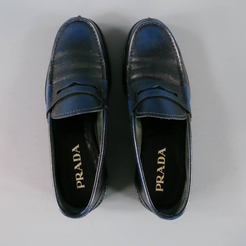 Men's PRADA Size 8 Distressed Navy & Black Pebbled Leather Penny Loafers 2