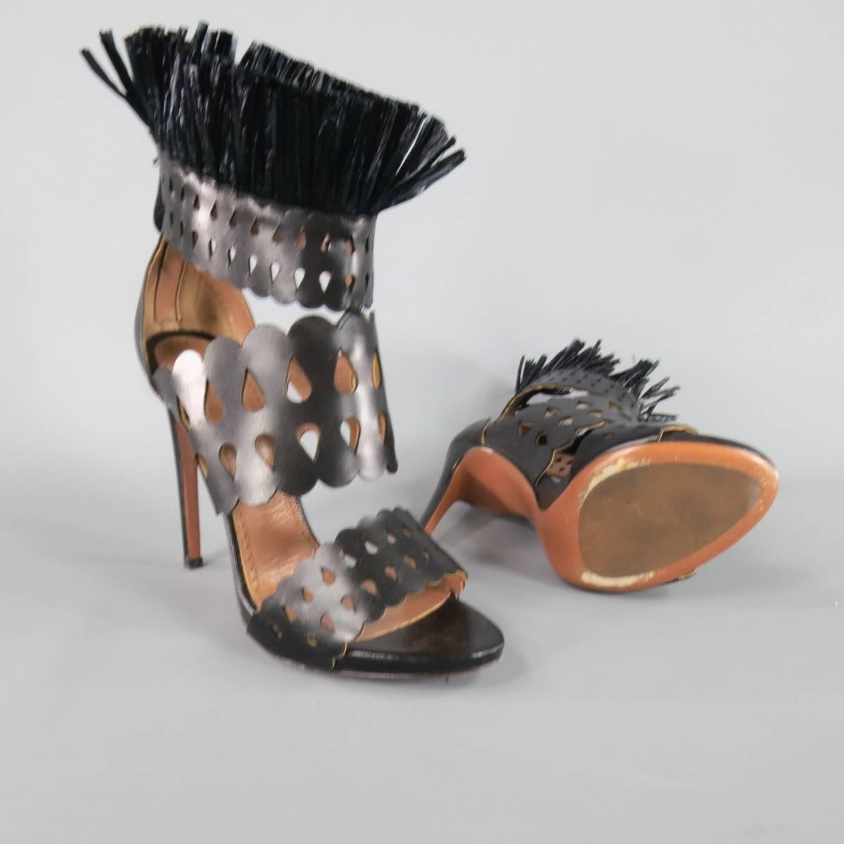 ALAIA Size 8.5 Black Cutout Leather Fringe Ankle Sandals In Excellent Condition In San Francisco, CA