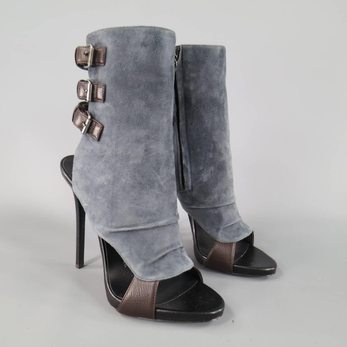 Fabulous GIUSEPPE ZANOTTI sandal boots featuring a muted blue gray suede shaft, peep toe front, black platform sole, open back, internal zip closure, and brown leather buckle straps. Made in Italy.
 
New without Tags Condition.
Marked: IT 38.5
