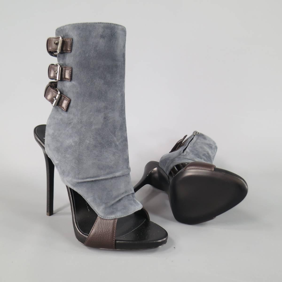 GIUSEPPE ZANOTTI Size 8.5 Gray Suede Brown Leather Buckle Straps Peep Toe Boots In Excellent Condition In San Francisco, CA
