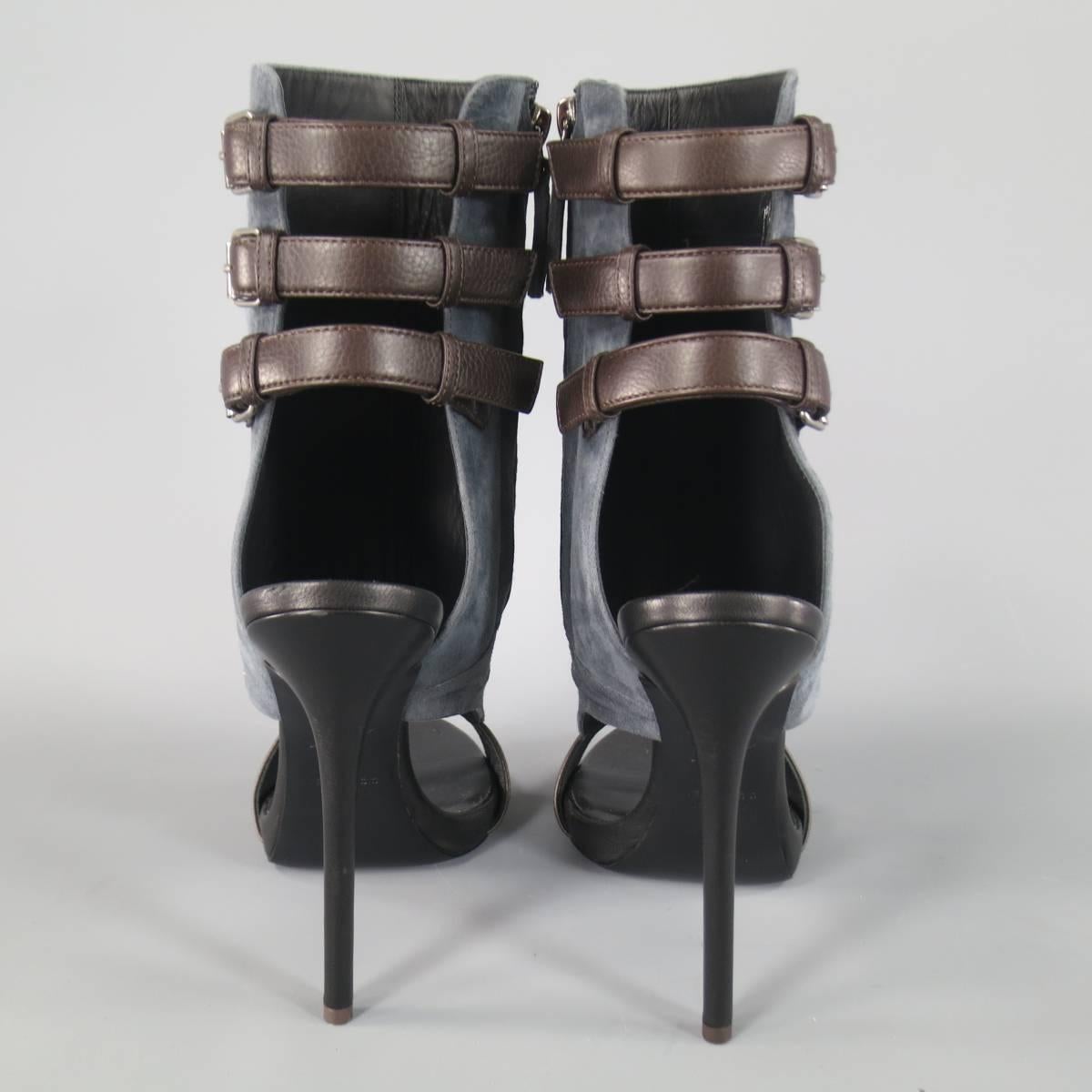 GIUSEPPE ZANOTTI Size 8.5 Gray Suede Brown Leather Buckle Straps Peep Toe Boots 1