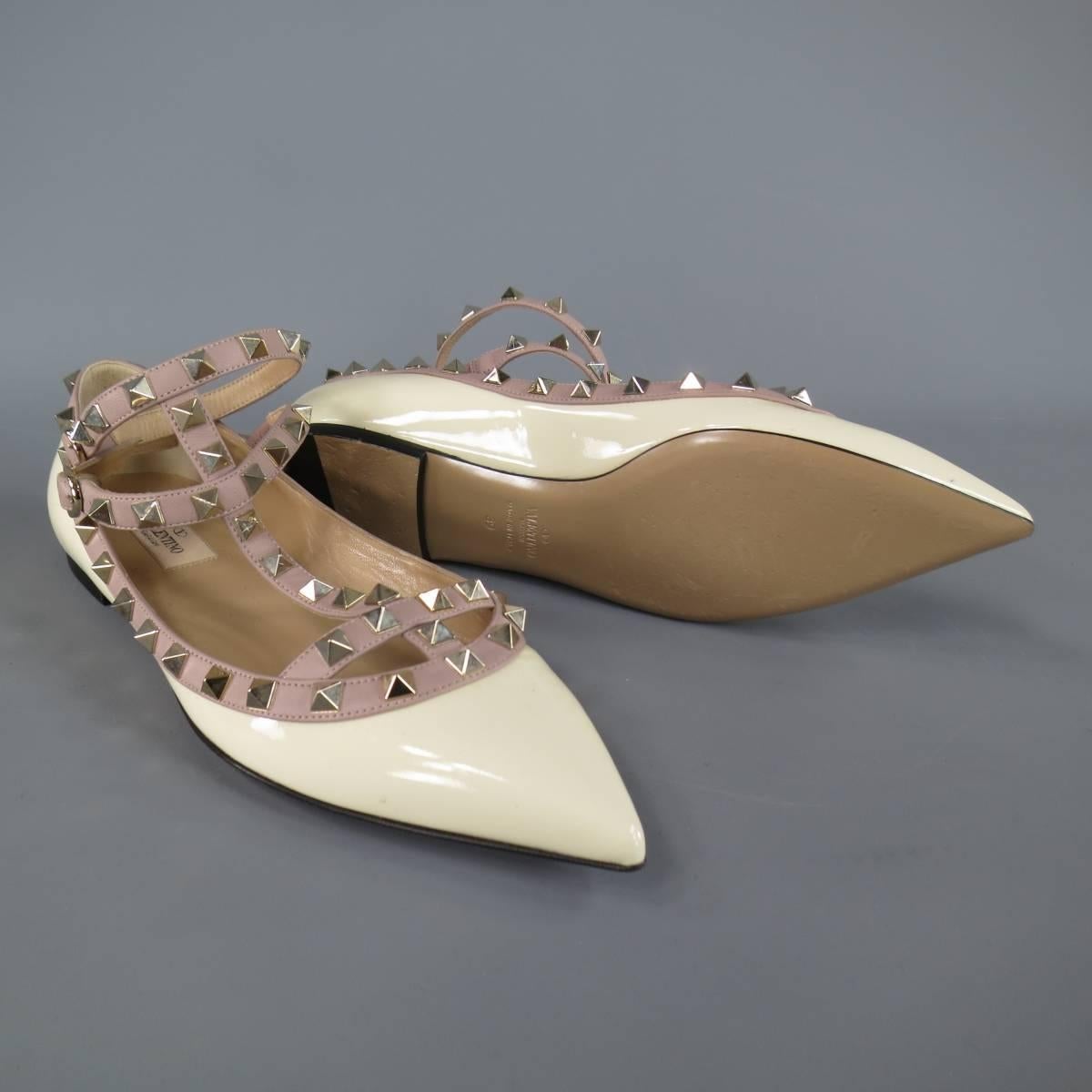 Women's VALENTINO Size 9 Cream Patent Leather Mauve Studded T-strap Rockstud Flats