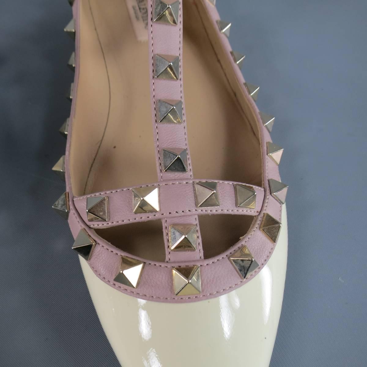 Beige VALENTINO Size 9 Cream Patent Leather Mauve Studded T-strap Rockstud Flats