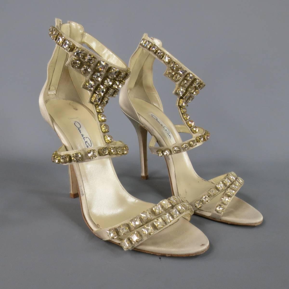 Women's OSCAR DE LA RENTA Heels - Size 8.5 Champagne Silk Rhinestone Ankle Strap Sandals