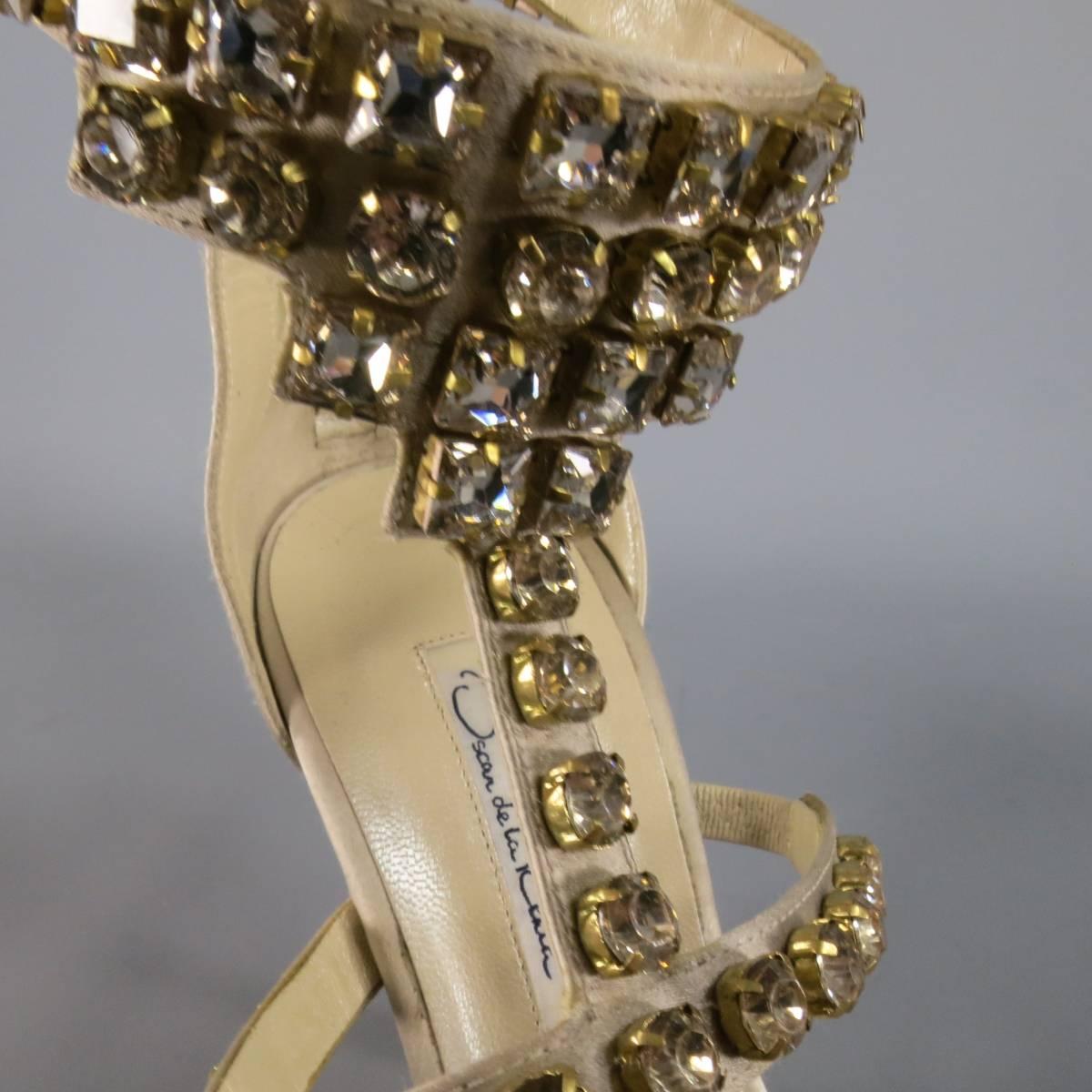 OSCAR DE LA RENTA Heels - Size 8.5 Champagne Silk Rhinestone Ankle Strap Sandals 1