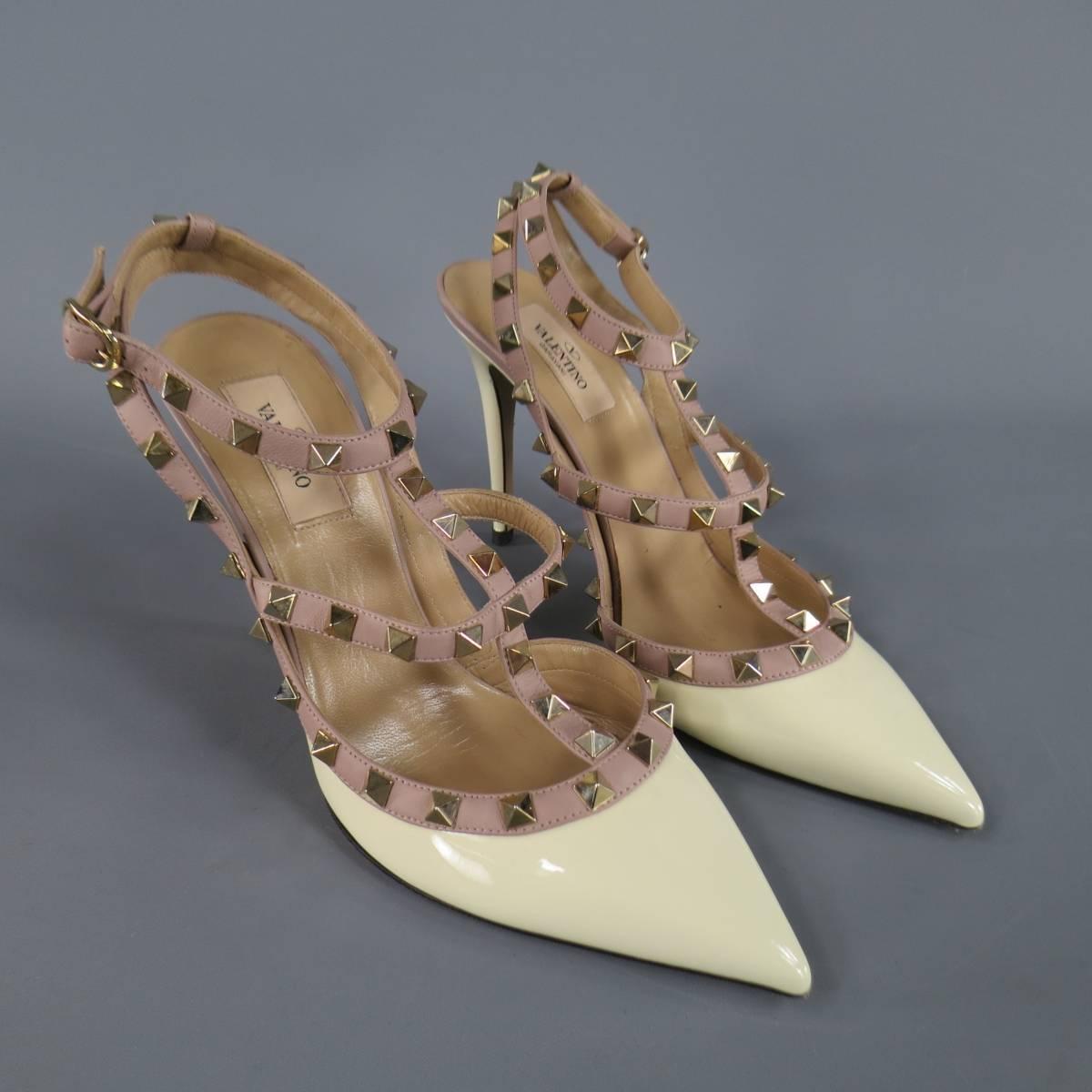 VALENTINO Size 9 Cream Patent Leather Mauve Studded T Strap Rockstud