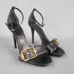 ALEXANDER MCQUEEN Size 8.5 Black Leather Gold Skull Buckle Ankle Strap Sandals