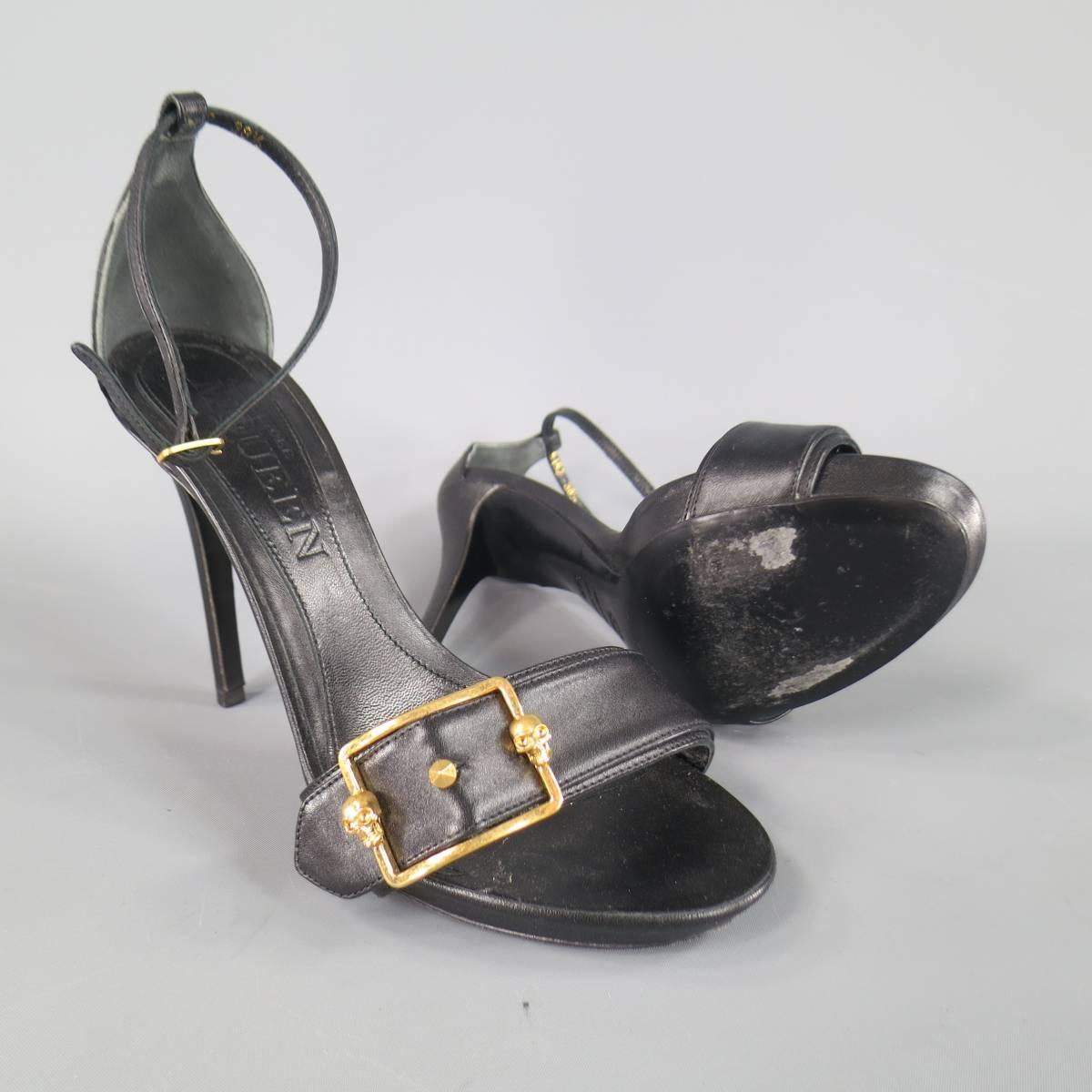 Women's ALEXANDER MCQUEEN Size 8.5 Black Leather Gold Skull Buckle Ankle Strap Sandals