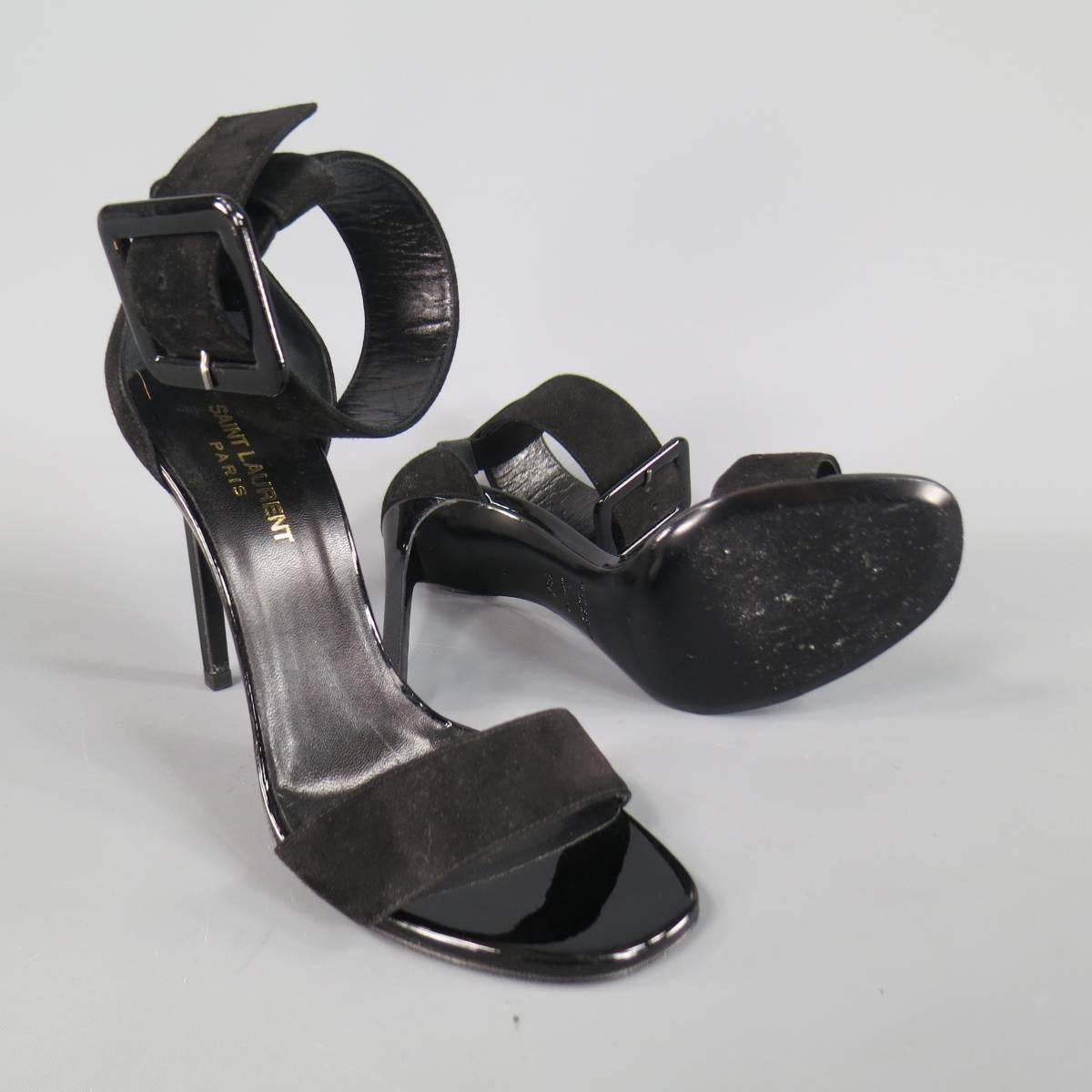 SAINT LAURENT 8.5 Black Suede Oversized Belt Buckle Ankle Strap Jane 105 Sandals In Excellent Condition In San Francisco, CA