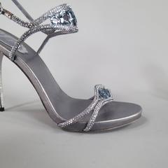 RENE CAOVILLA Size 8.5 Metallic Blue Leather Swarovski Crystal Evening Sandals