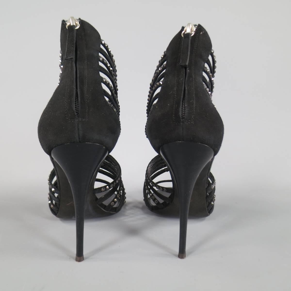 Giuseppe Zanotti Size 8.5 Black Suede Crystal Strappy Sandals In Excellent Condition In San Francisco, CA