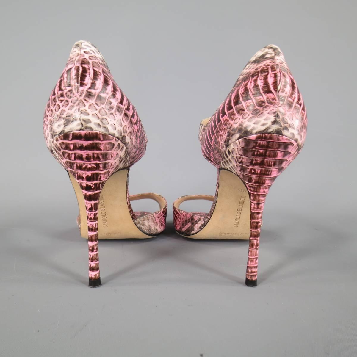 Brown MANOLO BLAHNIK Size 8.5 Pink Snakeskin Mary Jane Peep Toe Caldo Sandals
