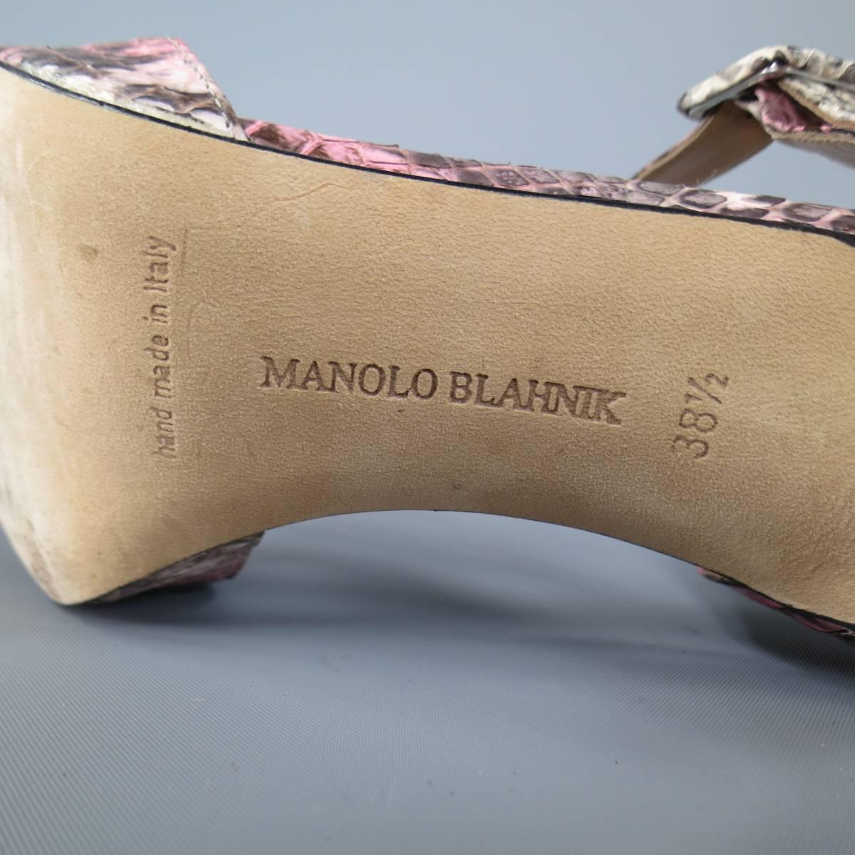 Women's MANOLO BLAHNIK Size 8.5 Pink Snakeskin Mary Jane Peep Toe Caldo Sandals