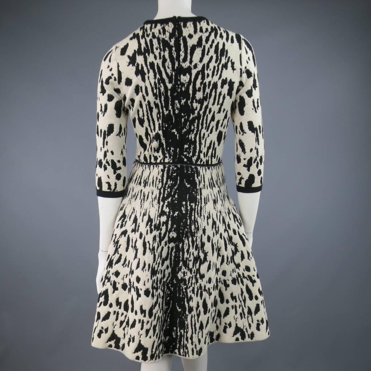Lanvin Beige and Black Cheetah Wool Blend Stretch Knit Flare Skirt Dress Size M 2