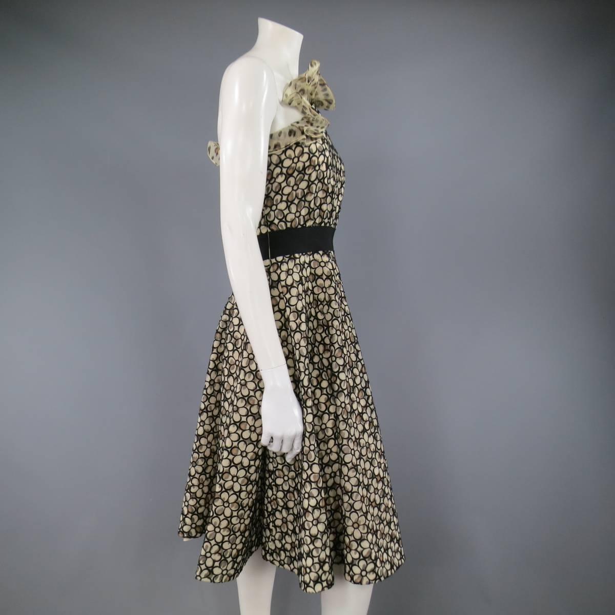 Giambattista Valli Beige and Black Leopard Floral Lace Ruffle One Shoulder Dress In Excellent Condition In San Francisco, CA