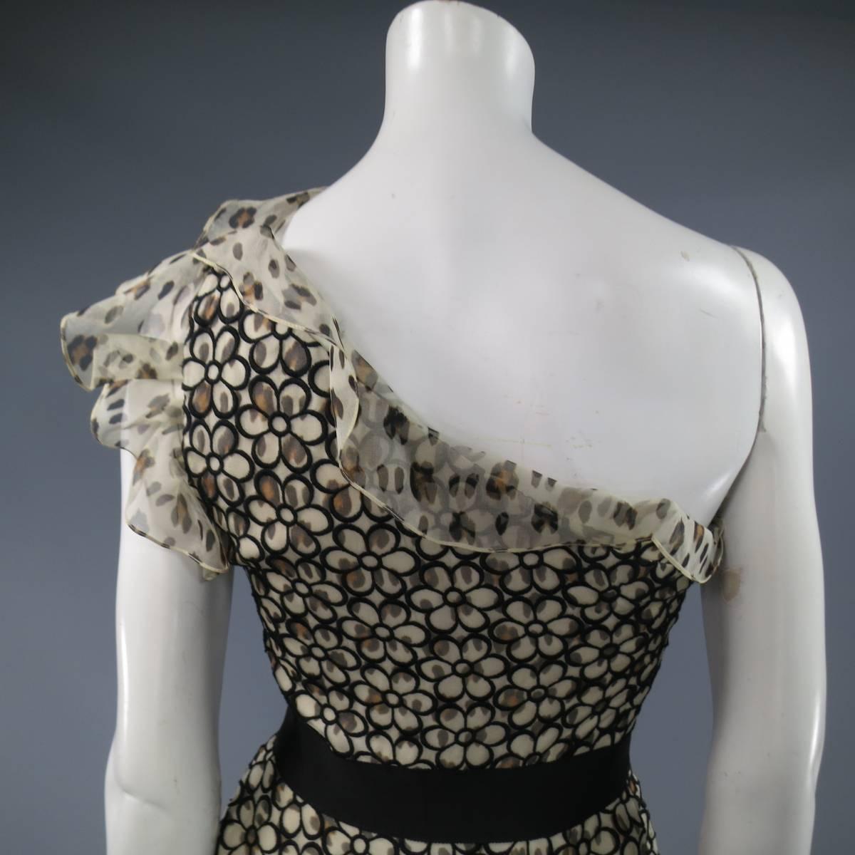 Giambattista Valli Beige and Black Leopard Floral Lace Ruffle One Shoulder Dress 1