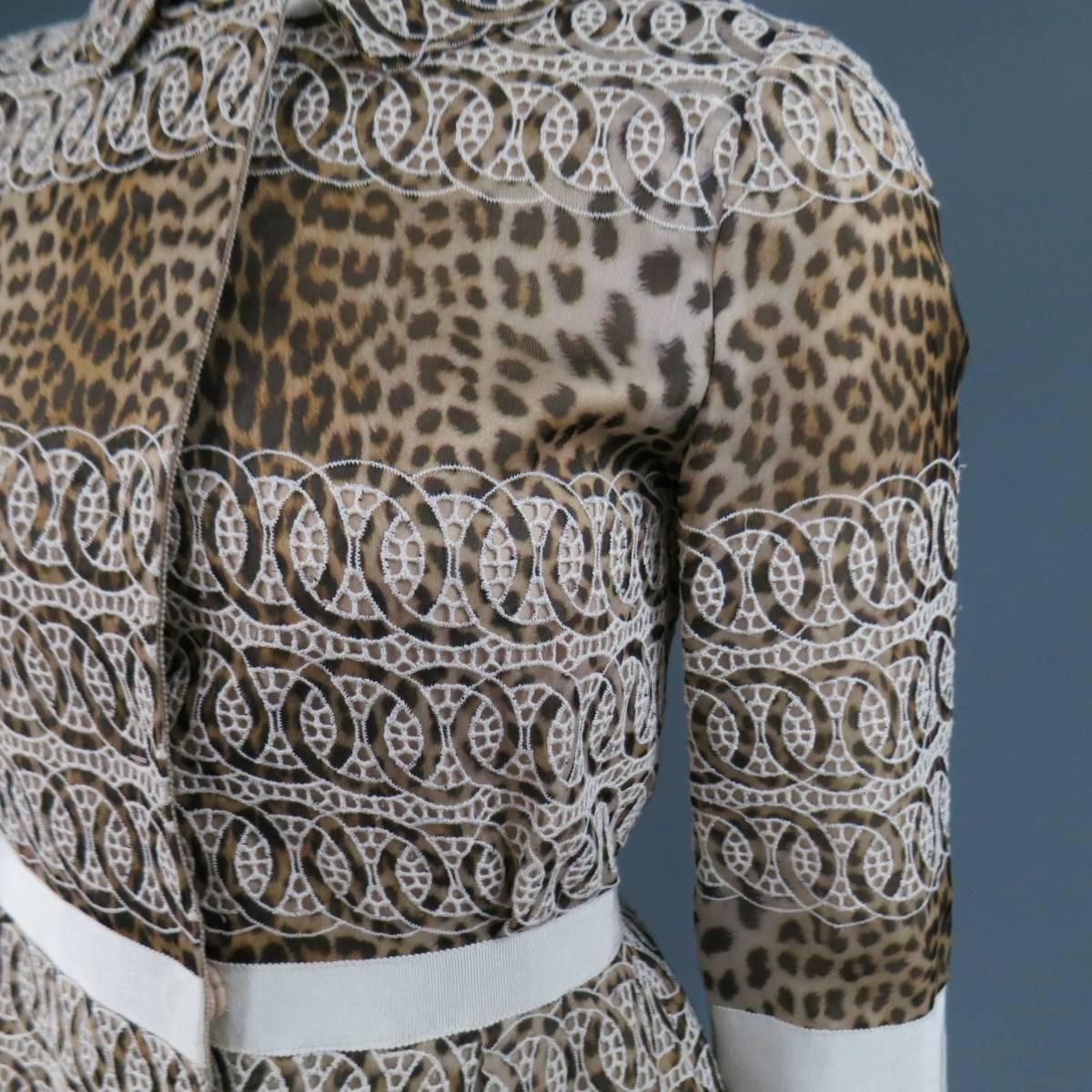 Giambattista Valli Size 6 Beige Brown Leopard Embroidered Lace Silk Coat Dress 1