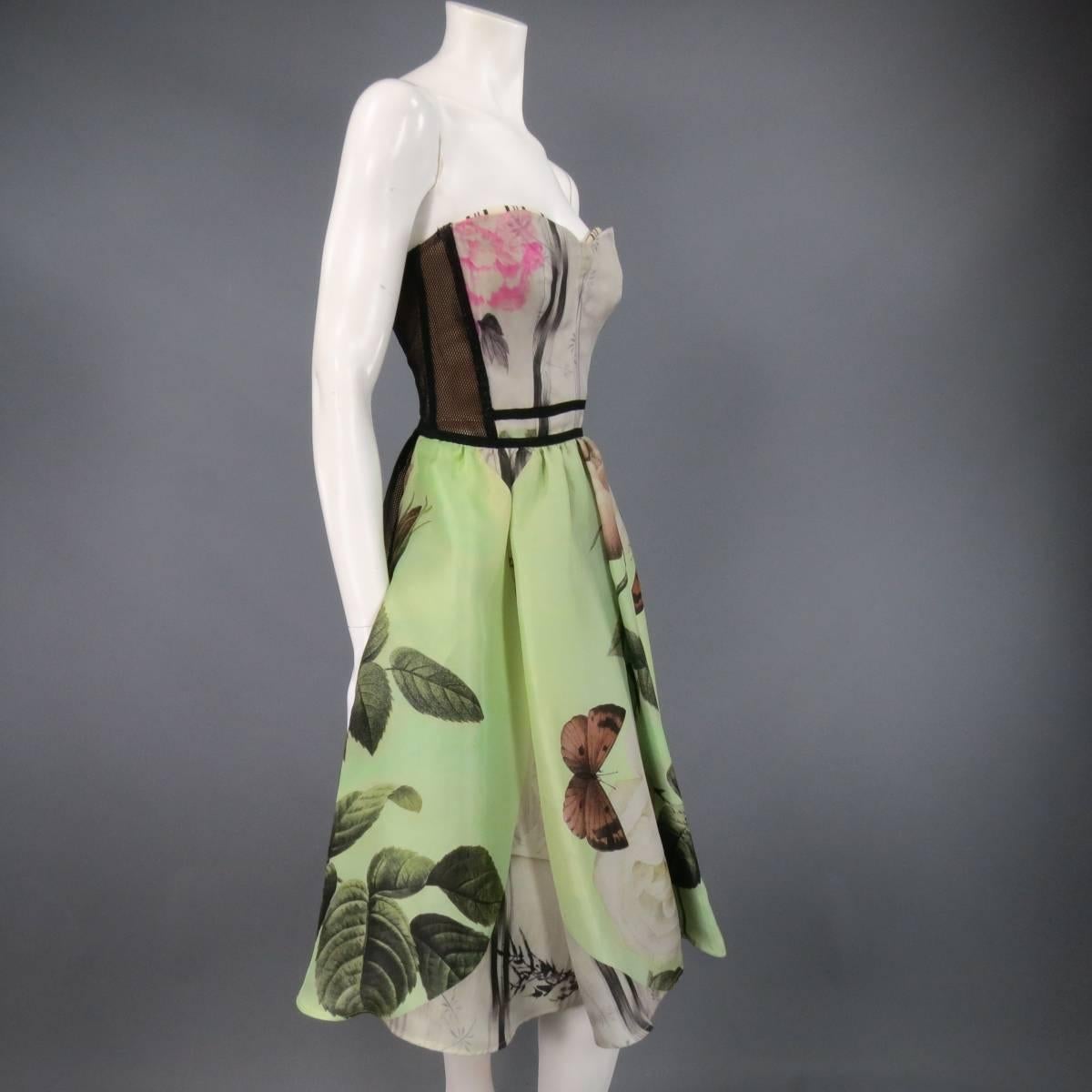 ANTONIO MARRAS Size 2 Green Butterfly Print Bustier Cocktail Dress 1