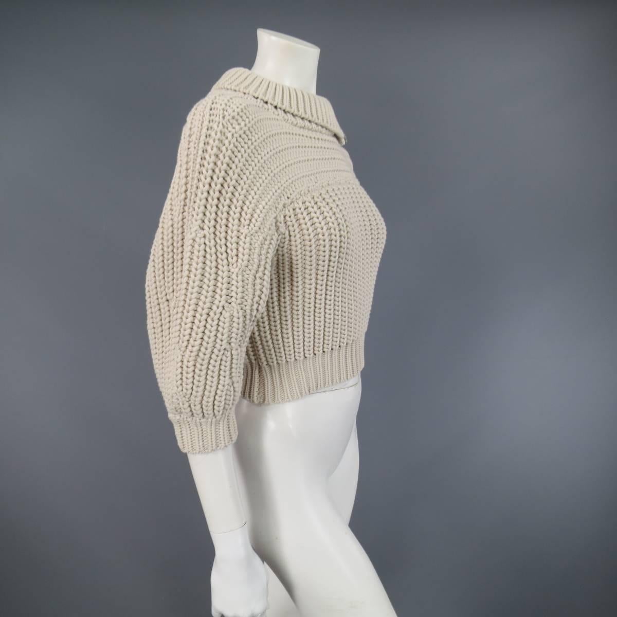 BRUNELLO CUCINELLI Size M Beige Chunky Knit Cropped Sparkle Zip Shoulder Sweater In Excellent Condition In San Francisco, CA