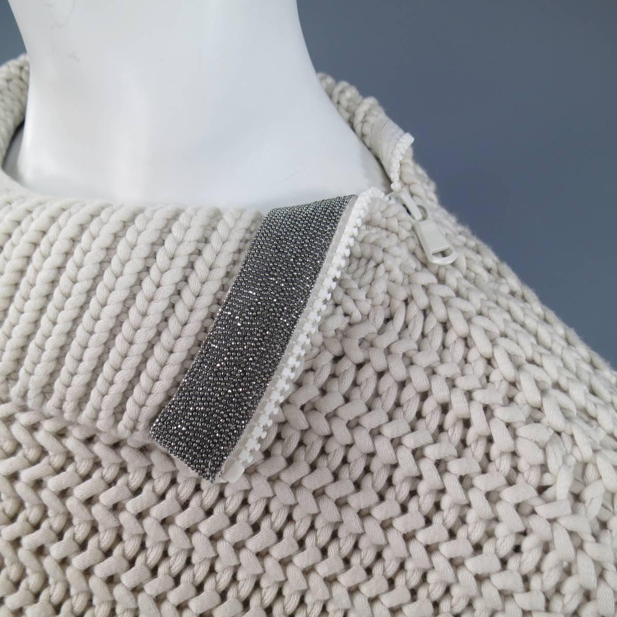 Women's BRUNELLO CUCINELLI Size M Beige Chunky Knit Cropped Sparkle Zip Shoulder Sweater