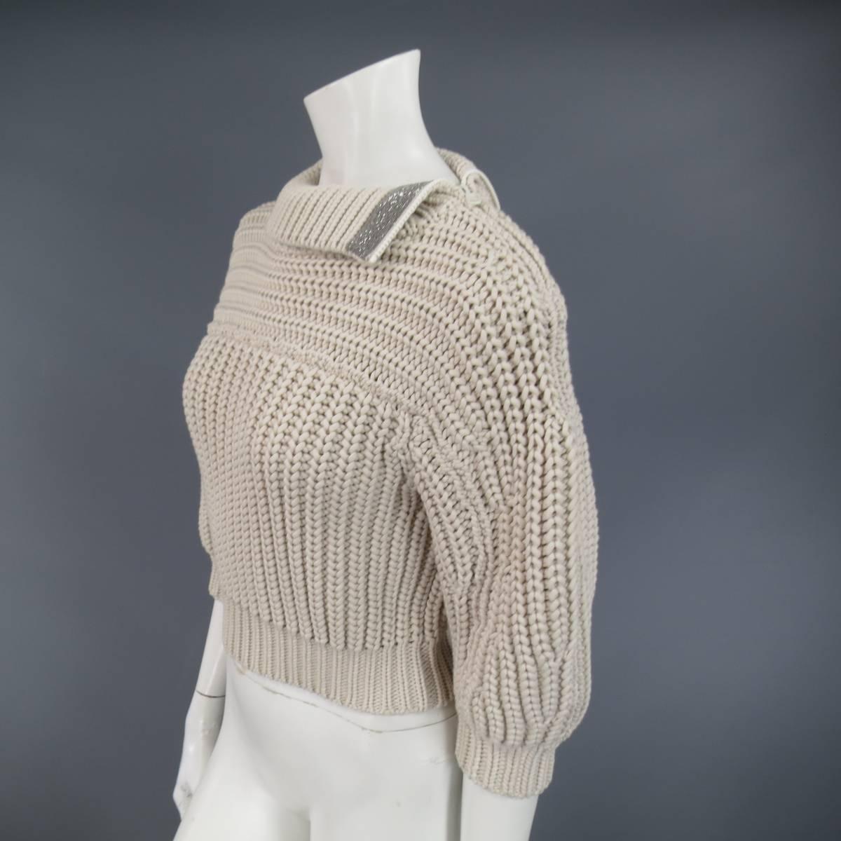 BRUNELLO CUCINELLI Size M Beige Chunky Knit Cropped Sparkle Zip Shoulder Sweater 3