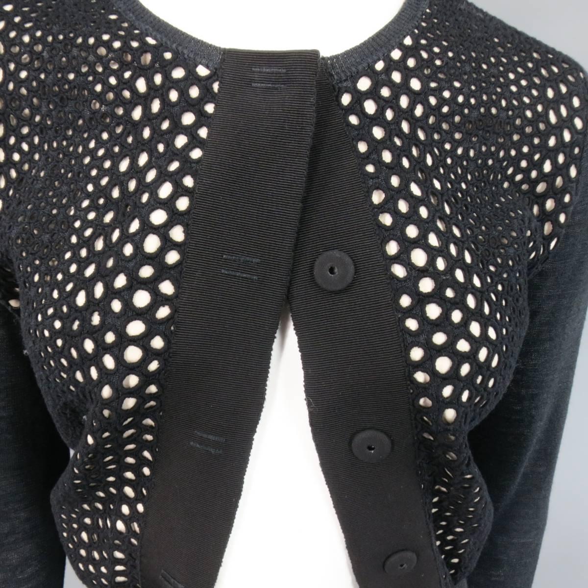 GIAMBATTISTA VALLI Size 6 Black Silk / Linen Eyelet Lace Snap Cardigan In Excellent Condition In San Francisco, CA