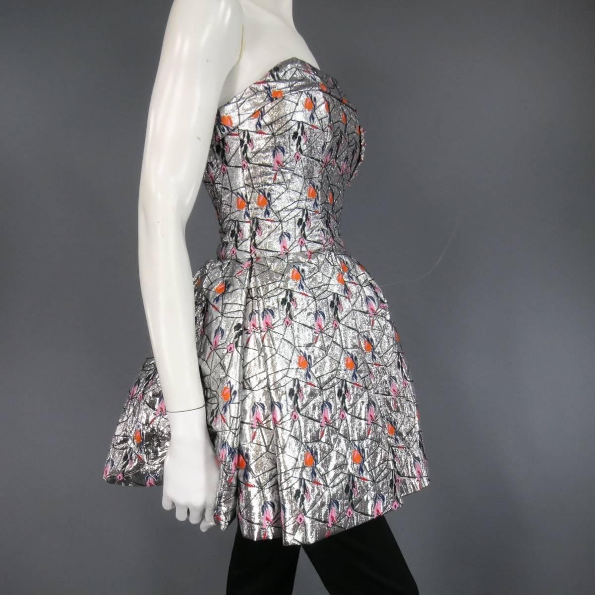 CHRISTIAN DIOR 4 Silver Floral Embroidered Jacquard Strapless Cocktail Dress Set 1