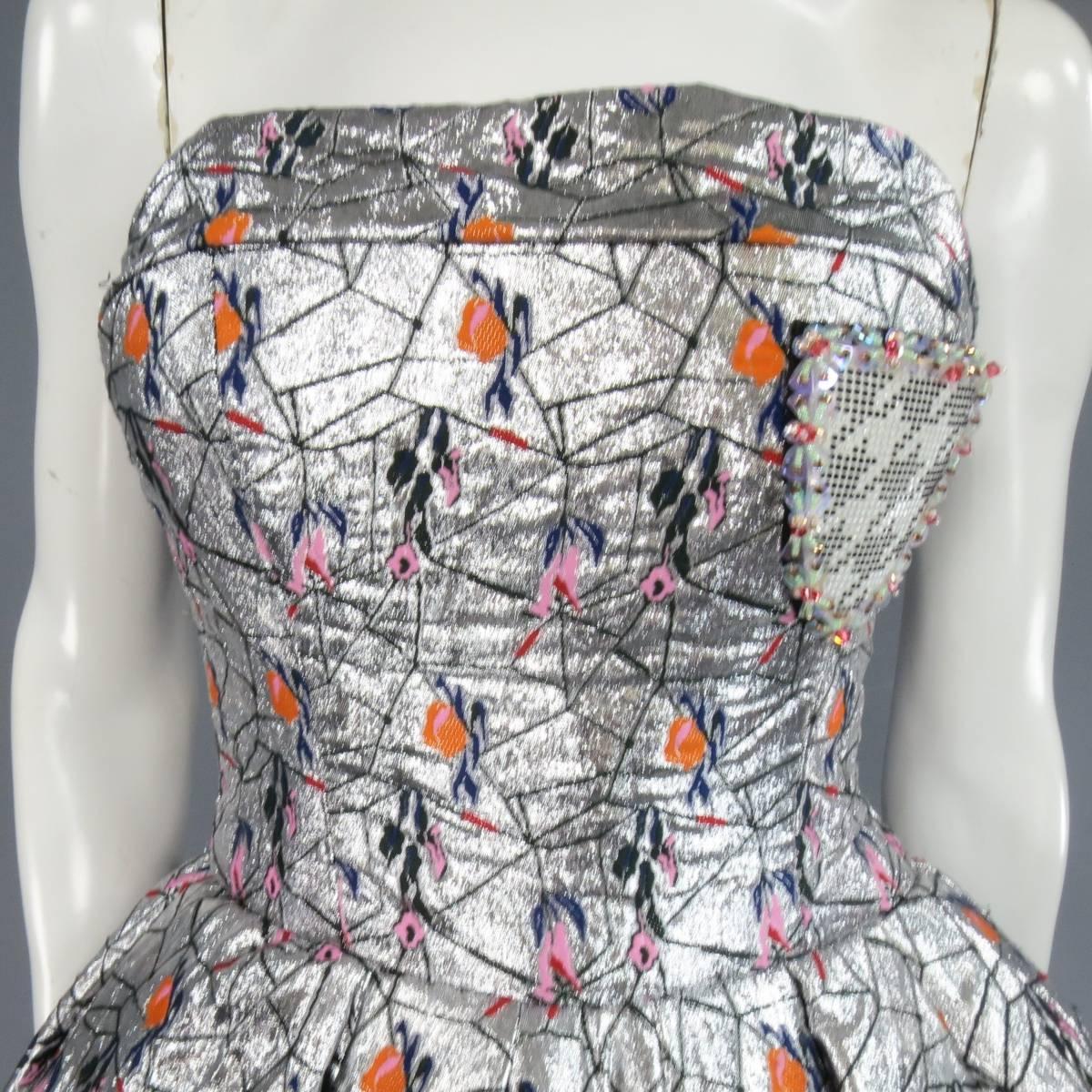 CHRISTIAN DIOR 4 Silver Floral Embroidered Jacquard Strapless Cocktail Dress Set In Excellent Condition In San Francisco, CA