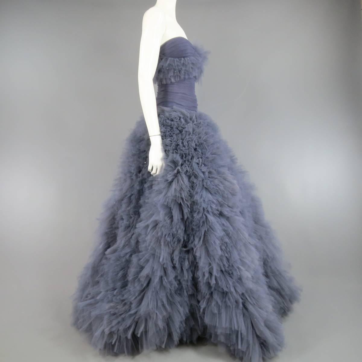MARCHESA Size 4 Gray Blue Beaded Ruffle Tulle Strapless Bustier Evening Gown 1