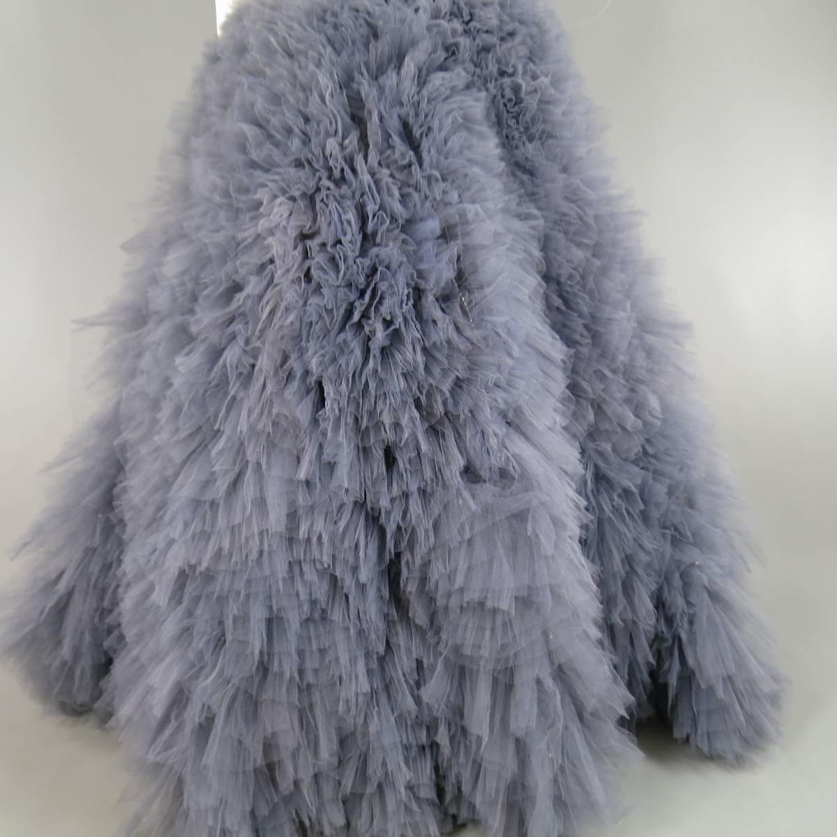 MARCHESA Size 4 Gray Blue Beaded Ruffle Tulle Strapless Bustier Evening Gown In Excellent Condition In San Francisco, CA