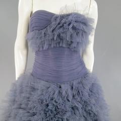 MARCHESA Size 4 Gray Blue Beaded Ruffle Tulle Strapless Bustier Evening Gown