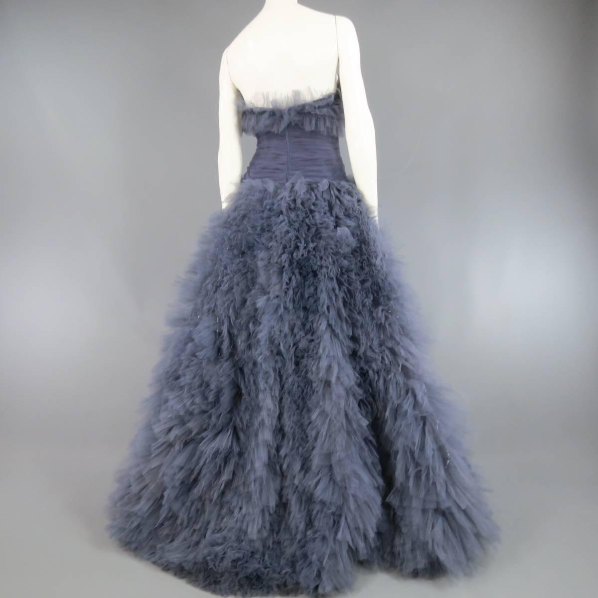 MARCHESA Size 4 Gray Blue Beaded Ruffle Tulle Strapless Bustier Evening Gown 3