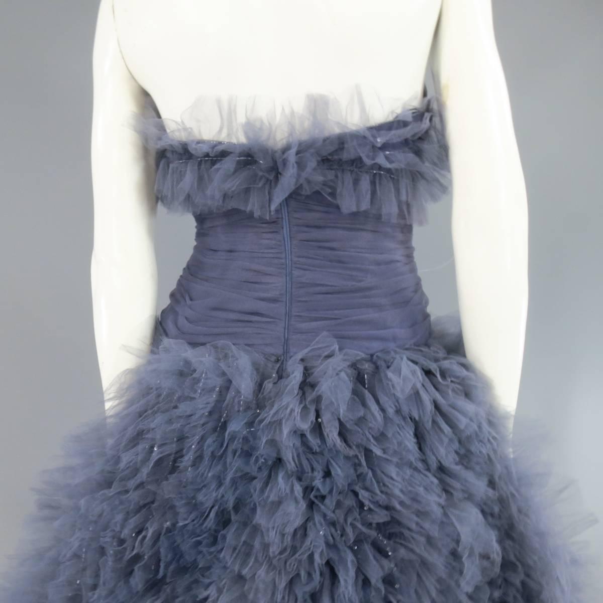 MARCHESA Size 4 Gray Blue Beaded Ruffle Tulle Strapless Bustier Evening Gown 2