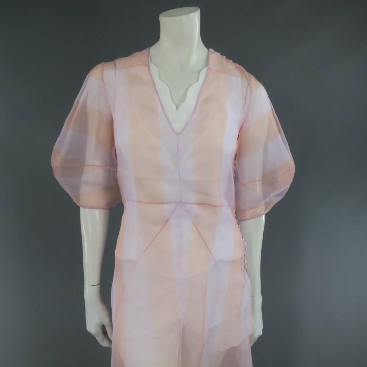 Gray CHRISTIAN DIOR 4 Pink & Orange Striped Sheer Silk Spring 2016 Cocktail Dress