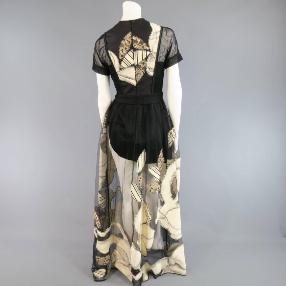 ANTONIO MARRAS Size 4 Black & Beige Painted Floral Mesh Tulle Evening Gown 4
