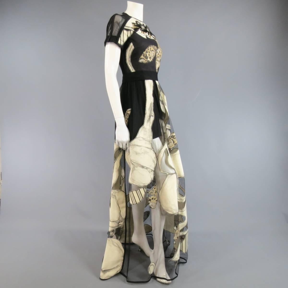 ANTONIO MARRAS Size 4 Black & Beige Painted Floral Mesh Tulle Evening Gown 3