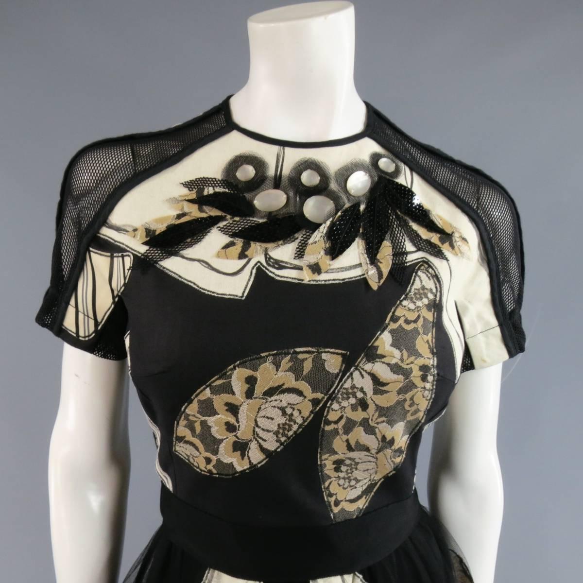 ANTONIO MARRAS Size 4 Black & Beige Painted Floral Mesh Tulle Evening Gown In Excellent Condition In San Francisco, CA
