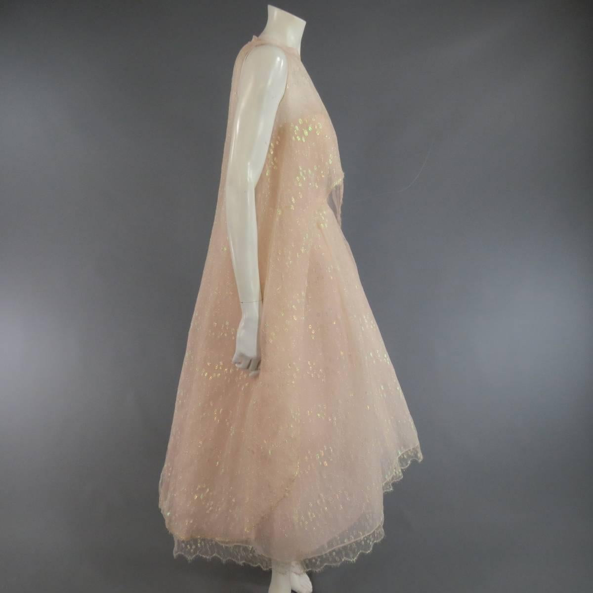 Women's MONIQUE LHUILLIER Size 4 Pink Iridescent Lace Strapless Two Piece Cape Dress