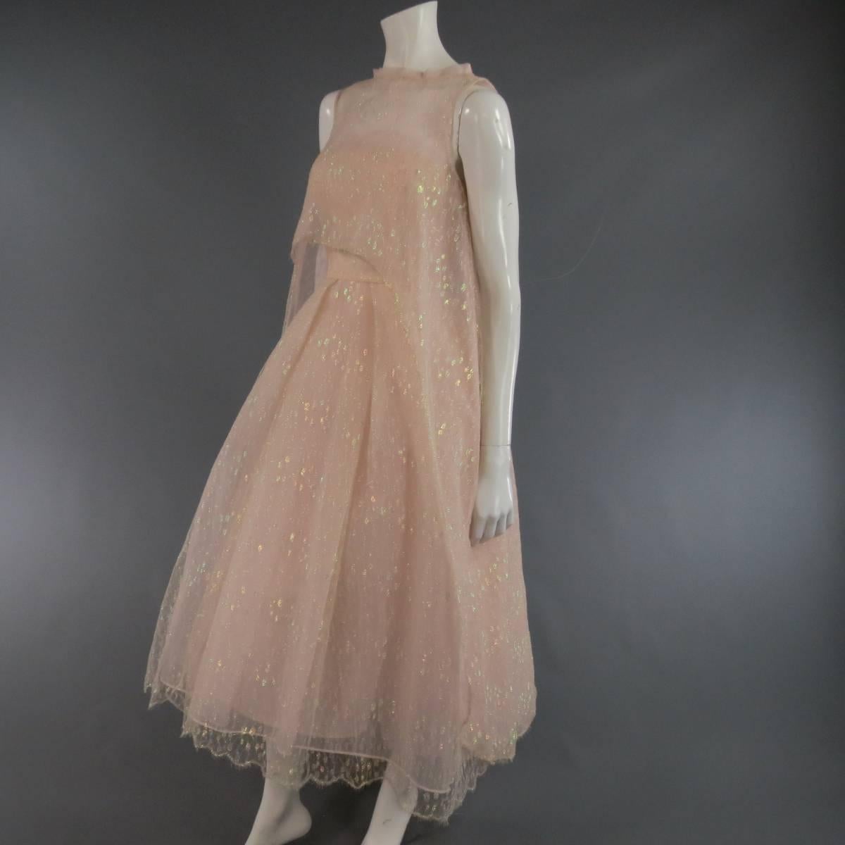 MONIQUE LHUILLIER Size 4 Pink Iridescent Lace Strapless Two Piece Cape Dress 1